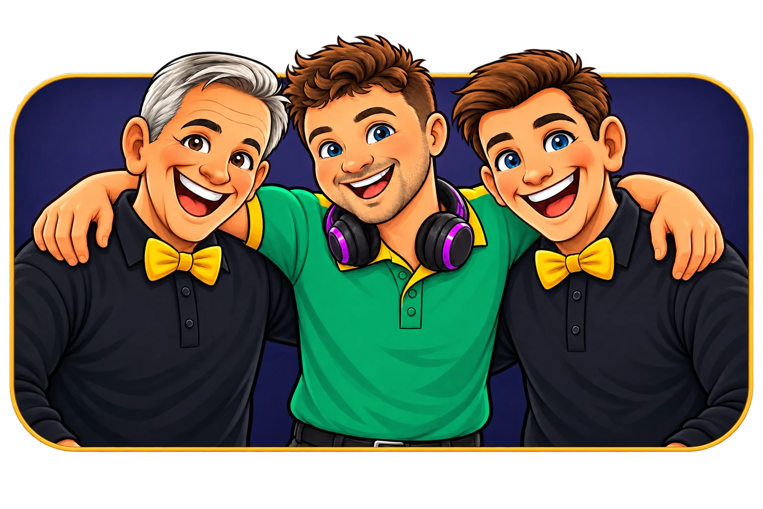 Framed cartoon illustration of Robert, Aaron and Ben laughing together with their arms around one another